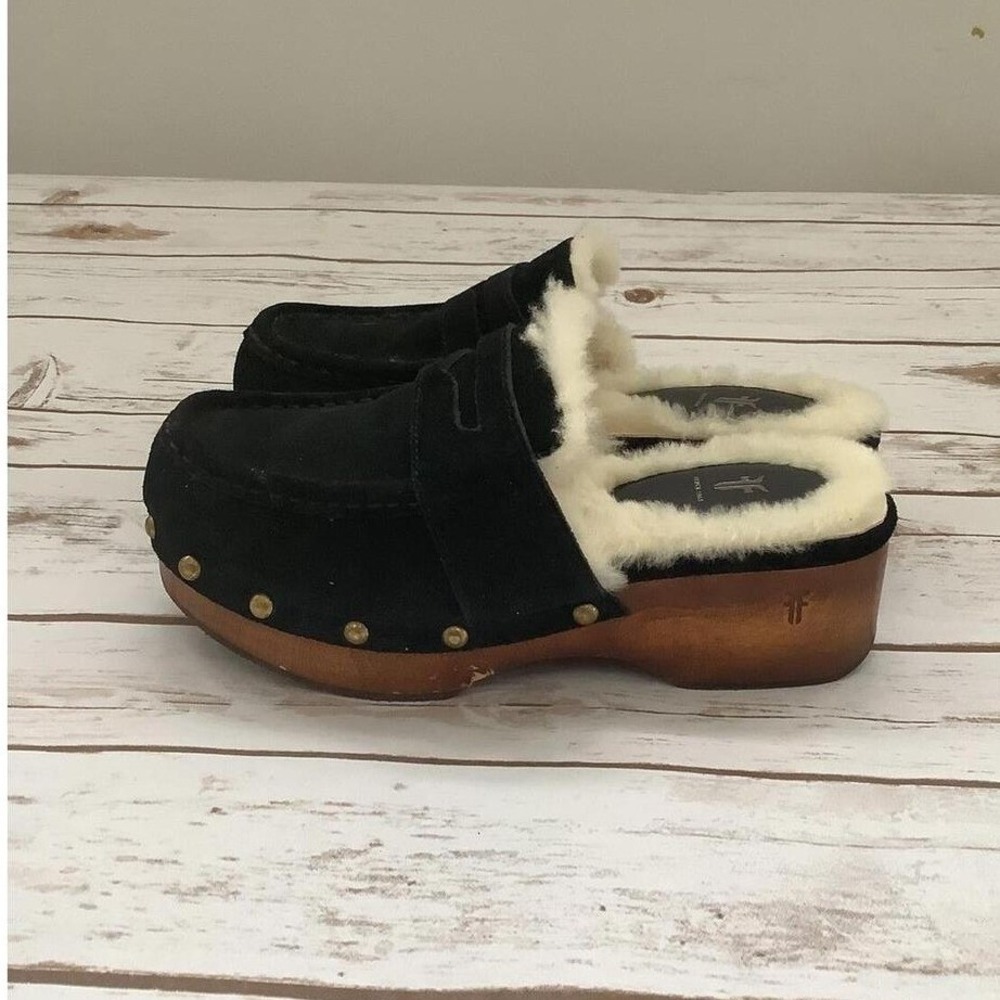Frye Clog Mules Black Suede Shearling Lined Studded Wood Platform 8.5